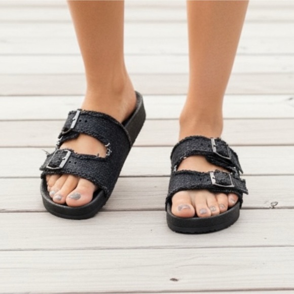 NIB Black Denim Double Buckle Slide Sandals | Women’s | Nikki | Frayed Strap - Picture 3 of 9